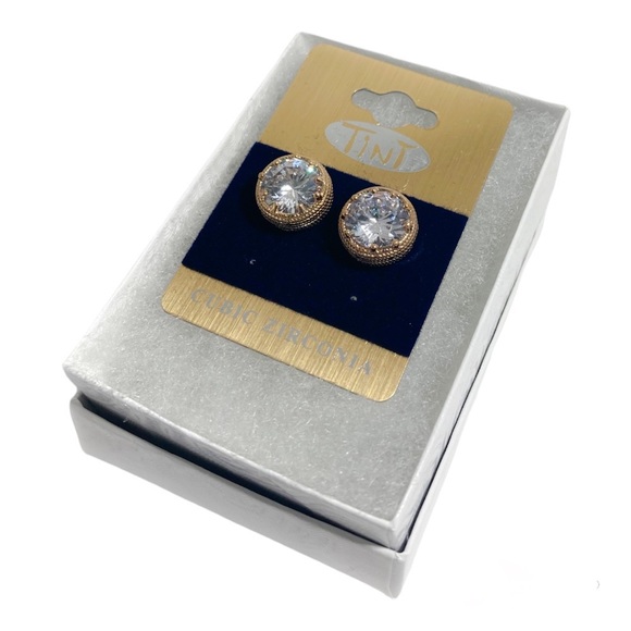 Gold and clear cubic zirconia post earrings. - Picture 3 of 4